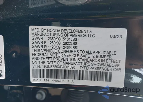 2023 Acura Tlx Type S - Hp Wheel And Tire z USA, uszkodzony, nr VIN 19UUB7F9XPA001690